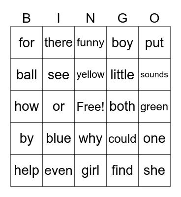 Sight Words BINGO Card