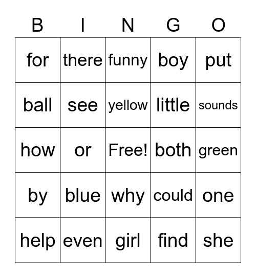 Sight Words BINGO Card