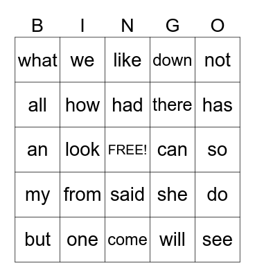 Sight Words Bingo Card