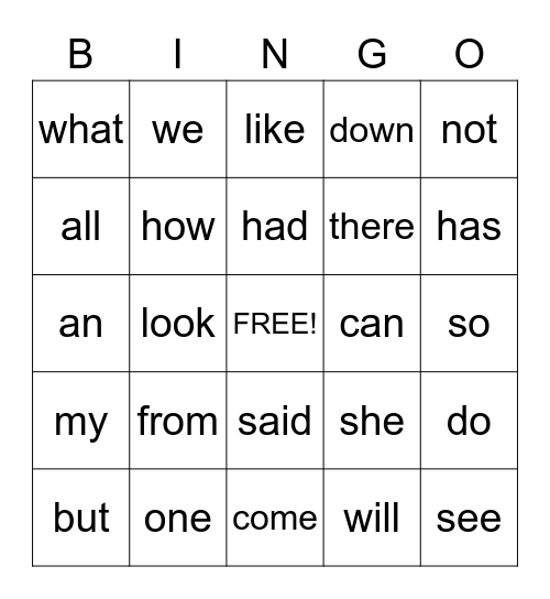 Sight Words Bingo Card