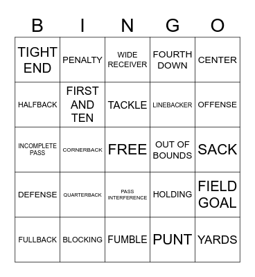 American Football Bingo Card