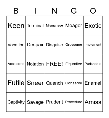 Vocabulary Bingo Card