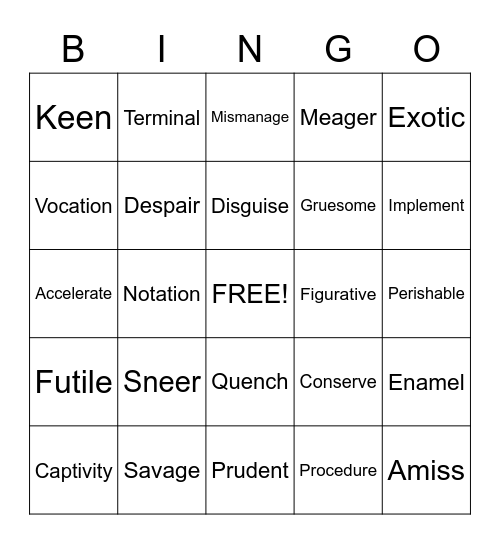 Vocabulary Bingo Card