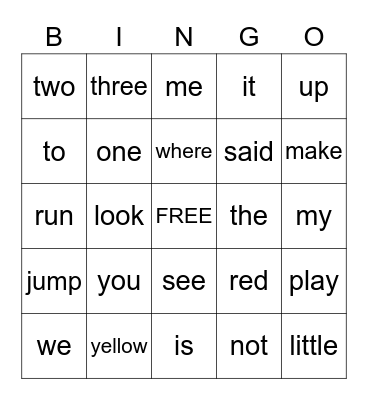 Sight Words Bingo Card