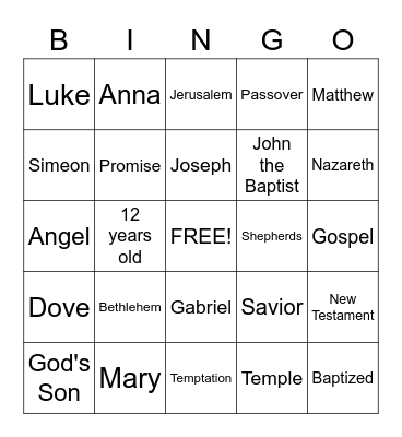 Life Of Jesus Bingo Card