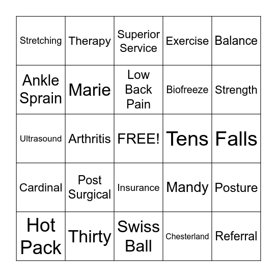 Physical Therapy Bingo Card