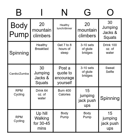 Family Workout Bingo Card