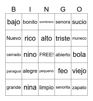 Spanish Opposites Bingo Card