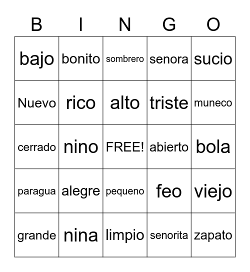 Spanish Opposites Bingo Card
