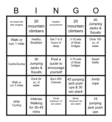 Family Workout Bingo Card