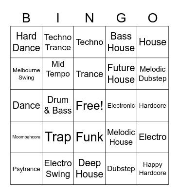 Electronic Music Genre Bingo Card