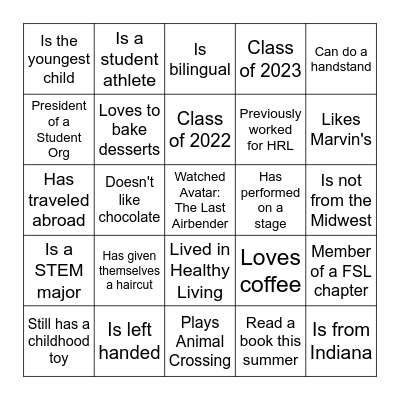 Resident Assistnant Human Bingo Card