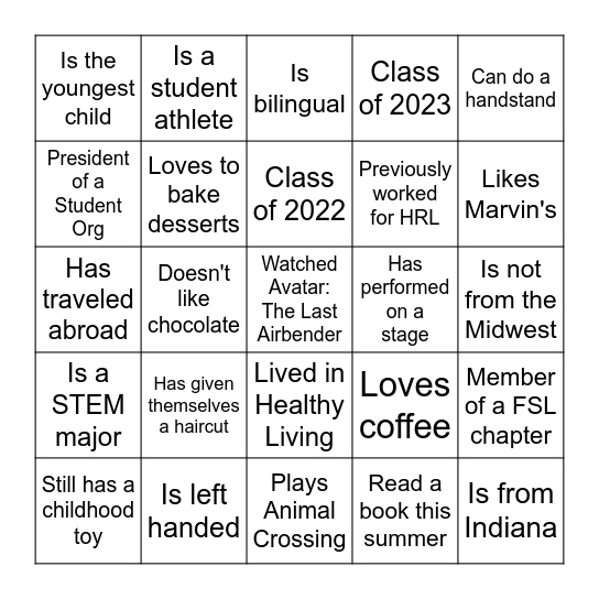 Resident Assistnant Human Bingo Card