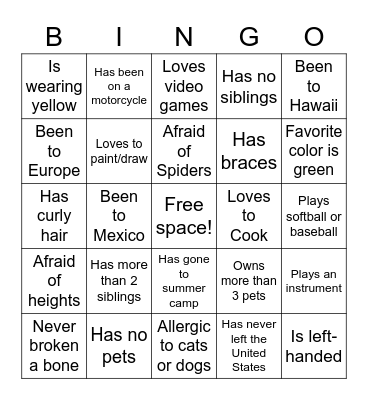 Meet and Greet Bingo Card
