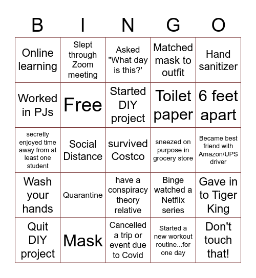 COVID 19 BINGO Card