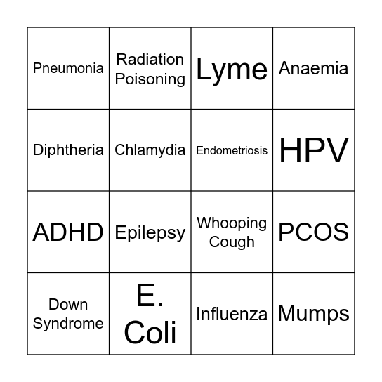 Disease Bingo Card