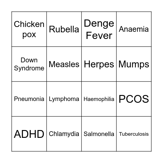 Disease Bingo Card