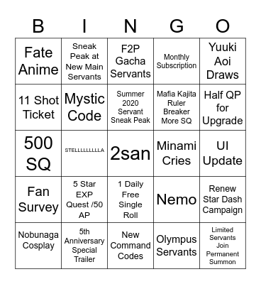 FGO 5th Anniversary Bingo Card