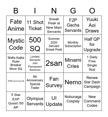 FGO 5th Anniversary Bingo Card