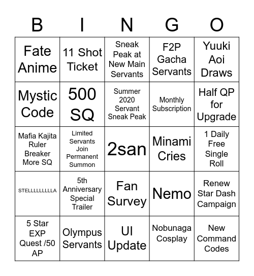 FGO 5th Anniversary Bingo Card