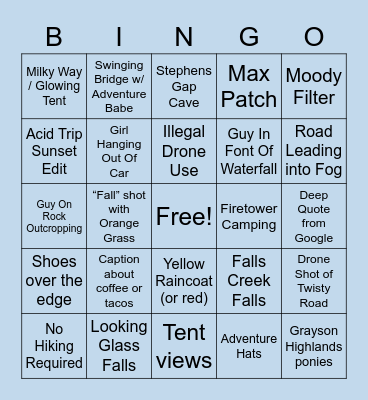 Blue Ridge Instagram Bingo Card