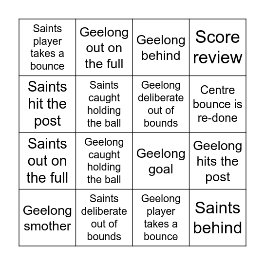 Geelong vs Saints Bingo Card