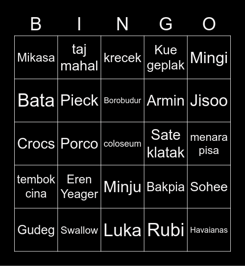 M I N G I Bingo Card