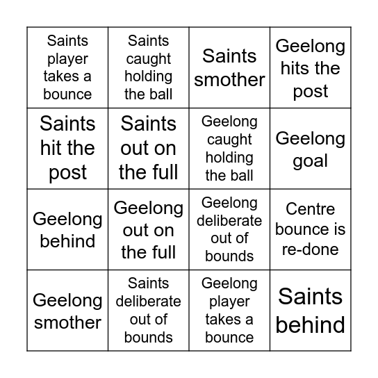 Geelong v Saints Bingo Card