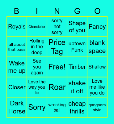 Pop Hits 1 Bingo Card