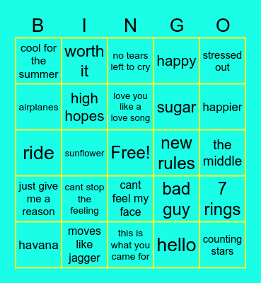Pop Hits 2 Bingo Card
