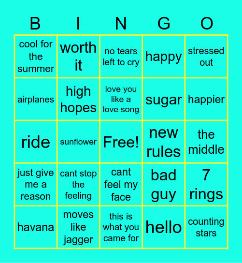 Pop Hits 2 Bingo Card