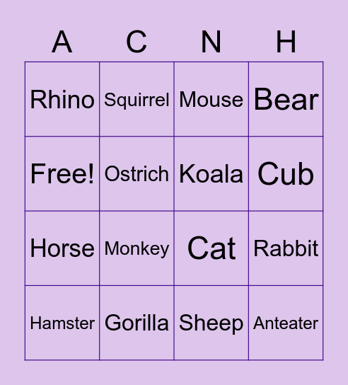 ACNH Species BINGO Card