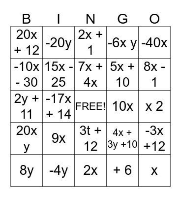 Introduction to Algebra Bingo Card