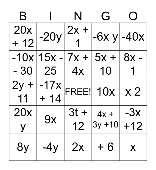 Introduction to Algebra Bingo Card
