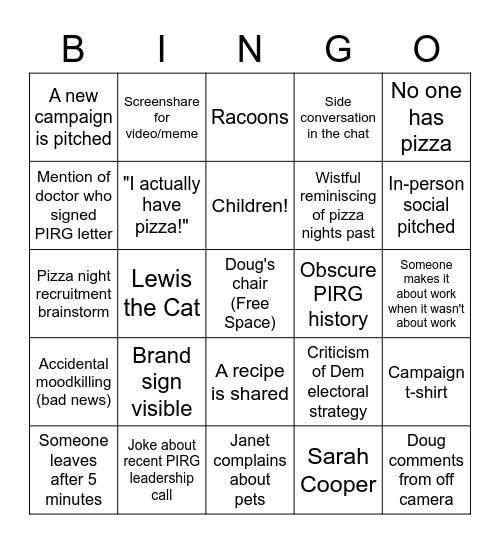 Pizza Night Bingo Card