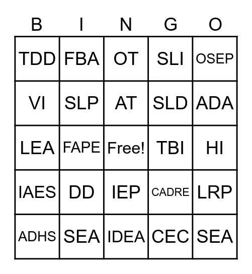 SPED Acronyms Bingo Card