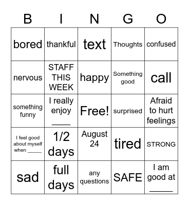 More feelings Bingo Card