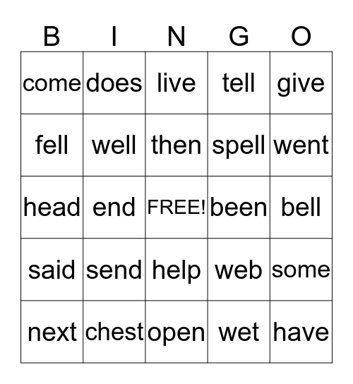 Spelling Words Bingo Card
