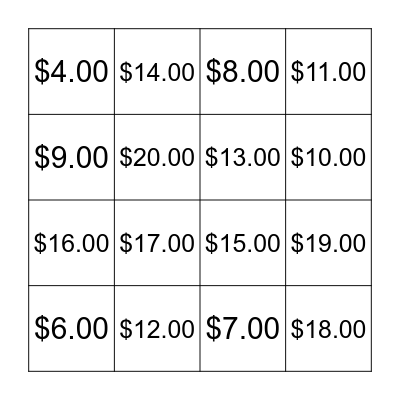 Money Amounts Bingo Card