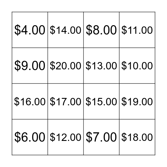 Money Amounts Bingo Card