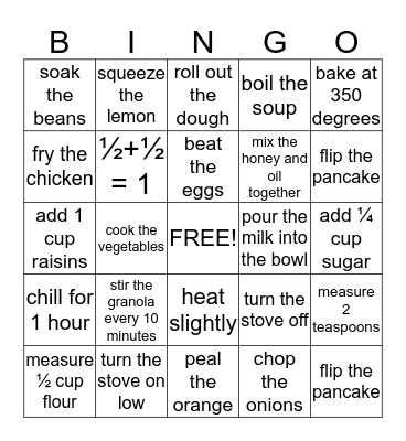WORKING IN THE KITCHEN (verbs) Bingo Card