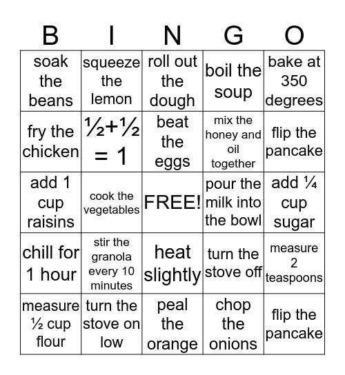 WORKING IN THE KITCHEN (verbs) Bingo Card