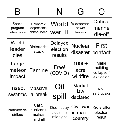 2020 Apocalypse Bingo Card