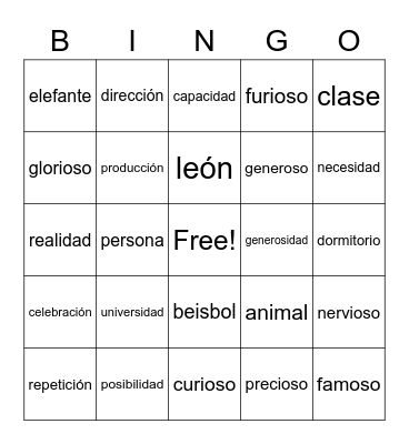 Cognates (Spanish) Bingo Card