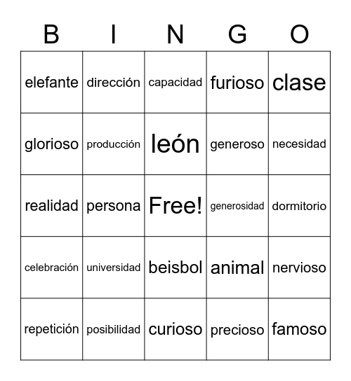 Cognates (Spanish) Bingo Card