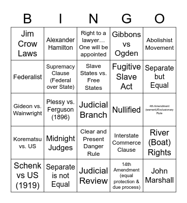 Court Cases Bingo Card