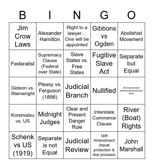 Court Cases Bingo Card