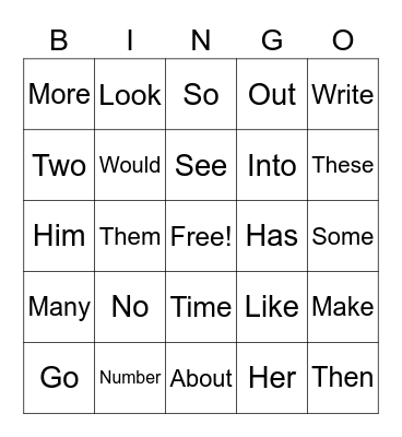Sight Word Bingo 2, Sight Word Bingo Card