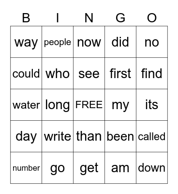 Sight Words Bingo Card