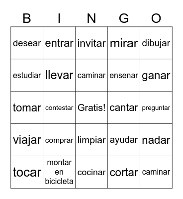 Delete Spanish  -AR  Verbs Bingo Card